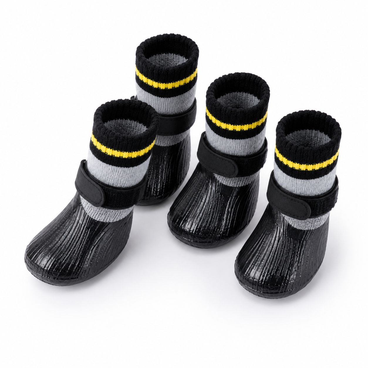Front view of four waterproof dog socks with black coated feet and striped knit cuffs