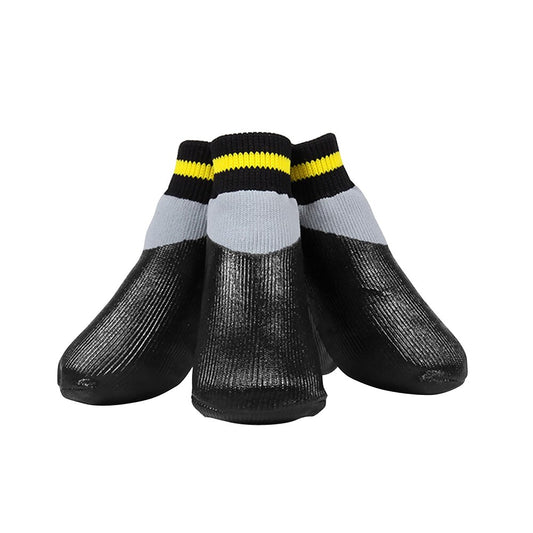 Set of four waterproof dog socks with black rubber-dipped feet and grey knit cuffs