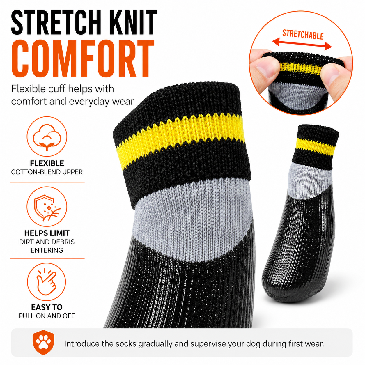 Waterproof dog sock with flexible cotton-blend knit cuff designed for comfortable wear