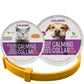 Yellow calming collar shown with separate cat and dog product packaging