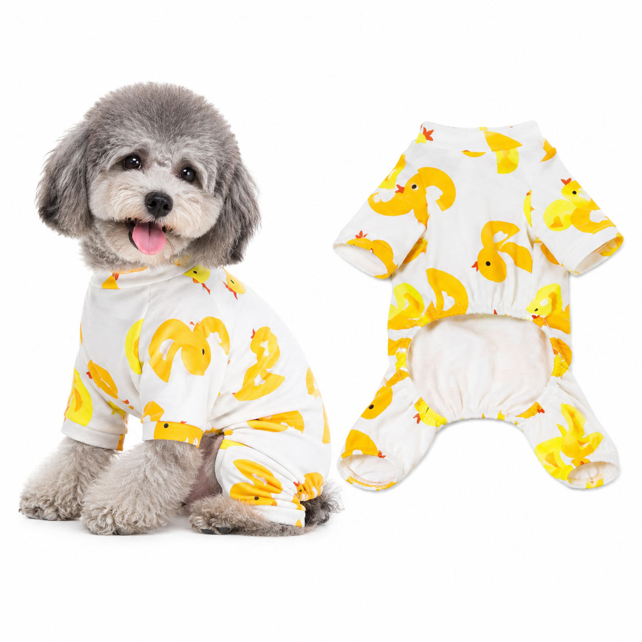 Grey small dog wearing yellow duck-print pyjamas beside the matching four-leg onesie