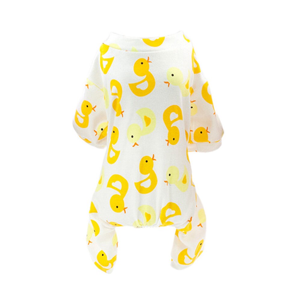 Yellow duck-print four-leg cotton dog pyjamas on a white background