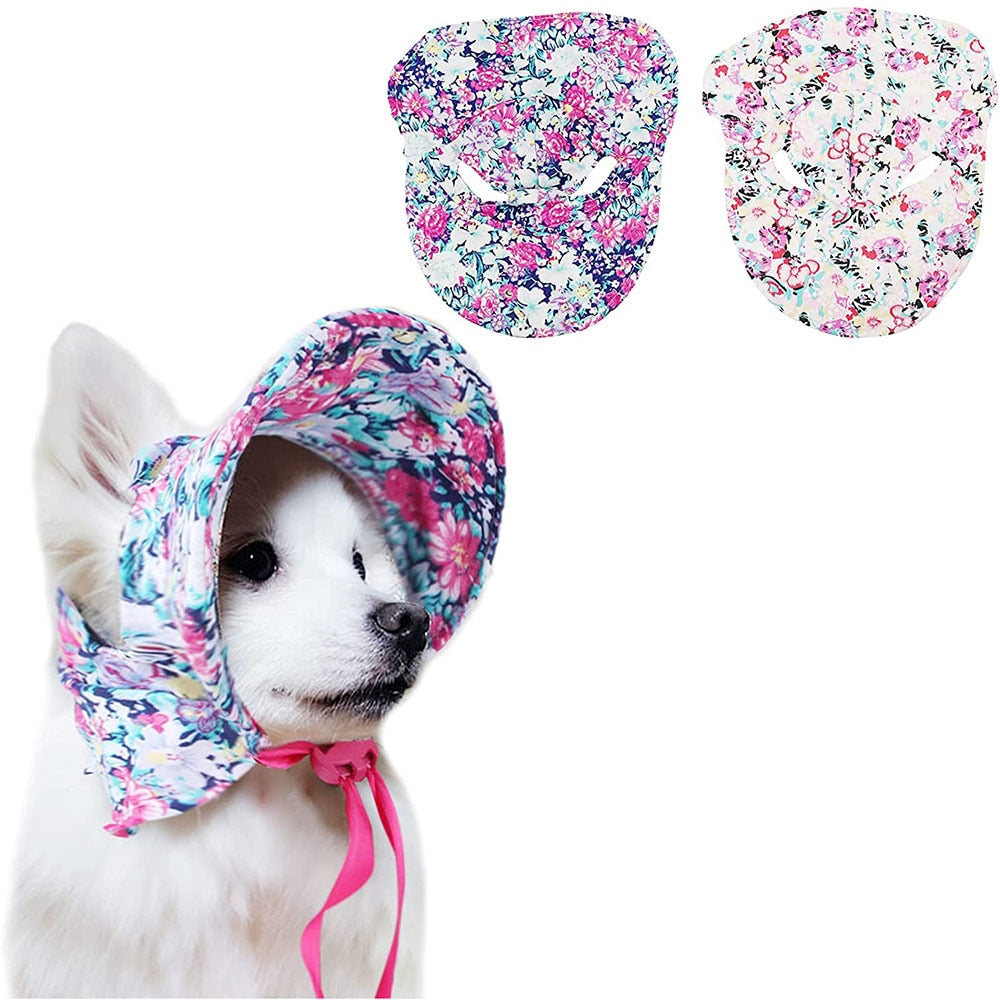 Floral Hat with Ear Holes | Adjustable Outdoor Sun Protection Hat for Puppies | Summer Visor Sunbonnet