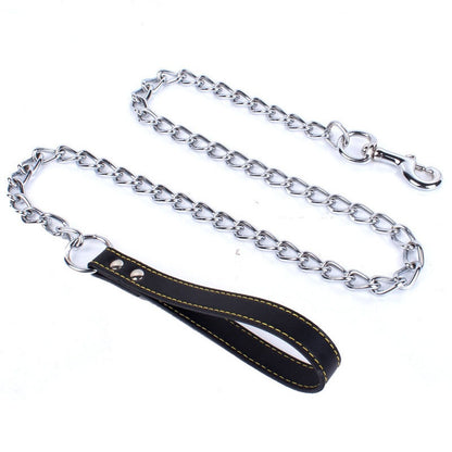Durable Metal Chain Leash for Large Dogs with Leather Padded Handle | Heavy Duty Stainless Steel Leash