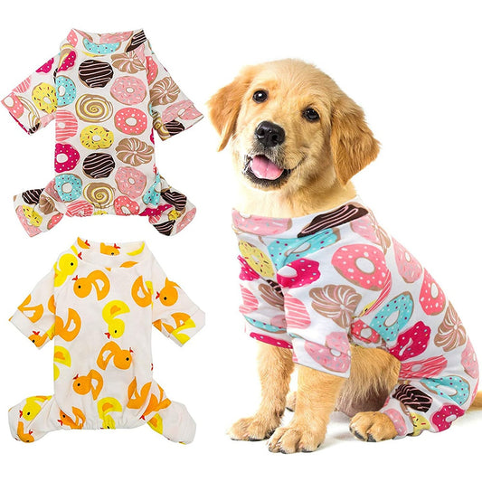Yellow duck and doughnut-print cotton dog pyjamas with a dog wearing the doughnut onesie